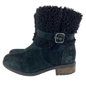 UGG Blayre II Women 8.5 Sherpa Black Suede Lined Side Zip Buckle Boot Mid Calf